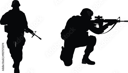 Military soldier silhouette with rifle in standing and kneeling combat positions isolated on white background illustration design