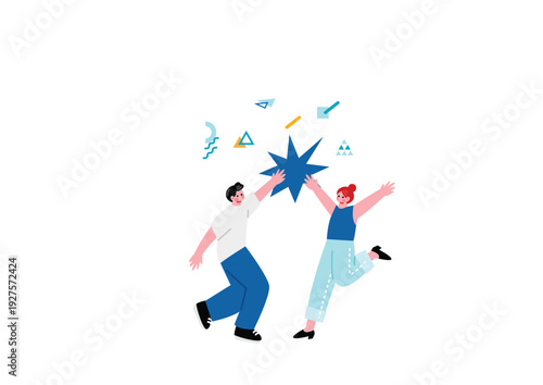 ハイタッチする若い男女のイラスト