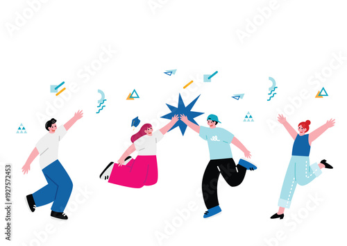 ジャンプして喜ぶ若い男女