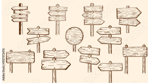Set of vintage hand drawn wooden signboards and direction arrows on beige background