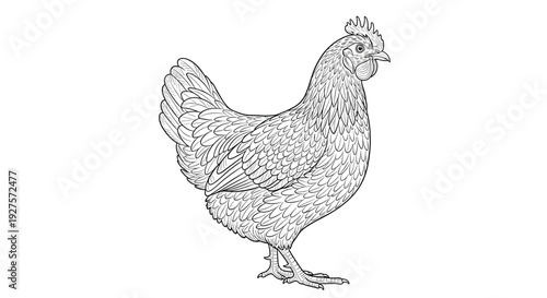 Detailed line drawing of a hen provides a classic illustration for farm themes, agriculture projects, and rural lifestyle designs.