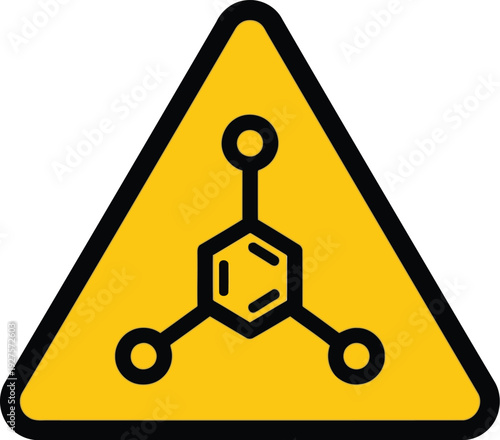 Chemical Hazard Warning Sign with Molecular Structure Icon on Yellow Triangle Background