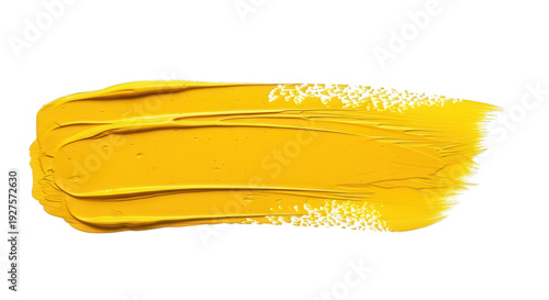 Yellow acrylic paint brush stroke texture on transparent background