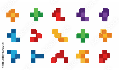 Colorful geometric falling block puzzle shapes vector set retro arcade style isolated on white background