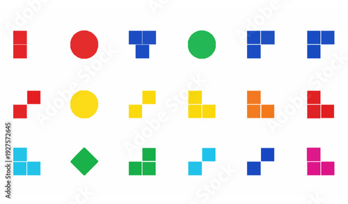 Minimal geometric block puzzle icon set colorful retro game shapes vector isolated collection