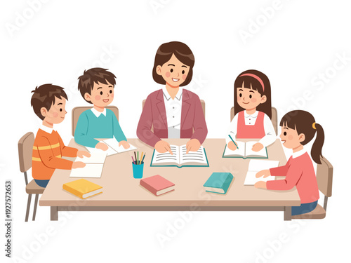 cheerful classroom study group scene teacher children sitting around table