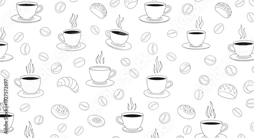 Seamless pattern of coffee cups, beans, and baked goods like croissants and donuts is perfect for bakery and cafe wallpaper.
