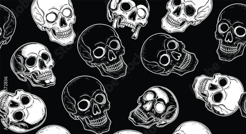 Dark pattern featuring detailed human skulls in various angles on a black background is suitable for halloween or gothic themes.