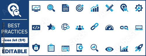Best practices icon set. Containing workflow, guidelines, performance, standards, improvement,expertise, efficiency, protocols, procedures and methodology. Solid vector icons collection.