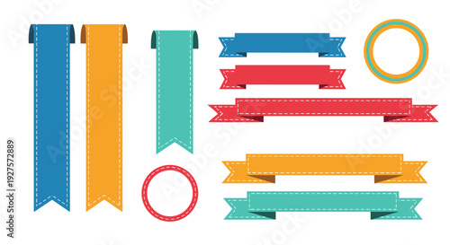 Collection of colorful ribbon banners and labels in blue, yellow, red, and green is perfect for web design and marketing.