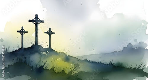 Good friday reflections crucifixion scene with three crosses on a hill