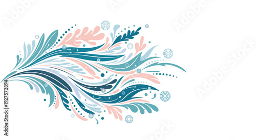 Abstract waves of blue and pink floral elements on a white background create a dynamic and artistic swirl for modern designs.