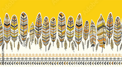 Decorative border made of colorful patterned feathers on a yellow background brings a bohemian and creative touch to designs.