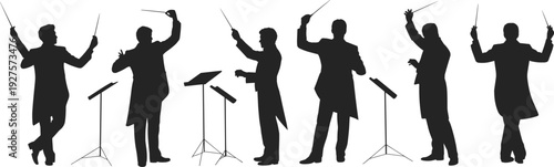 Orchestra conductor silhouettes set, maestro directing symphony performance with baton, black vector illustration isolated on white background