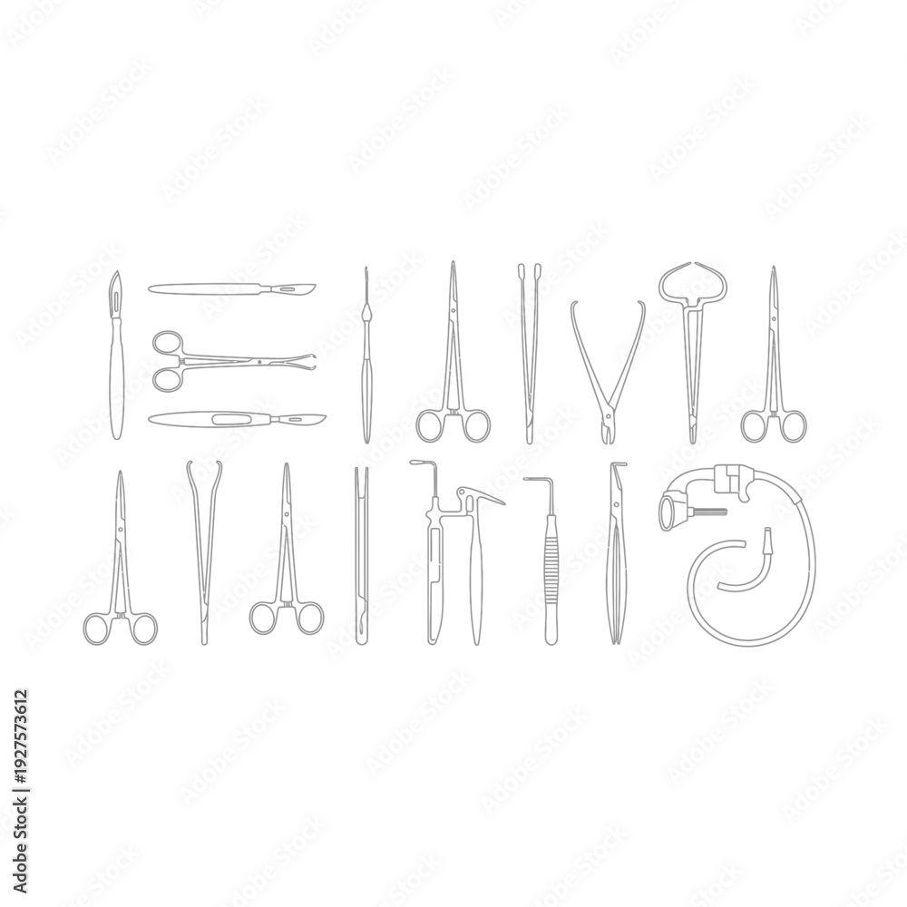 Naklejka premium Detailed line art set of diverse surgical medical instruments and tools