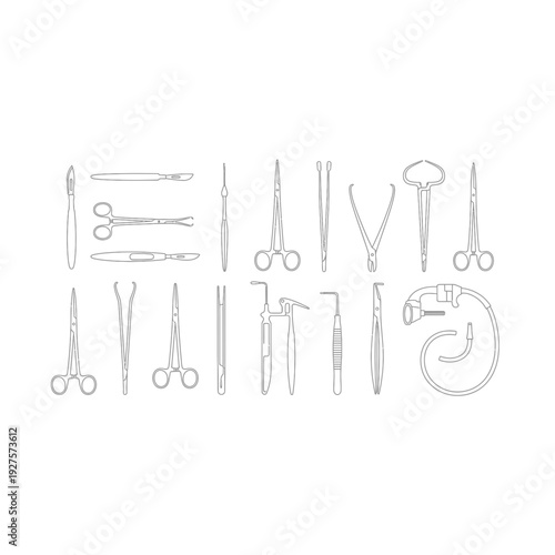 Detailed line art set of diverse surgical medical instruments and tools