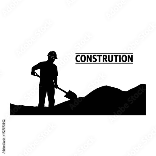 Silhouette Construction Worker Digging Earth with Shovel Icon Vector Graphic