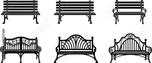 Park bench silhouette collection set, wooden and wrought iron garden benches isolated on white background for outdoor furniture design