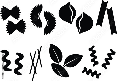 Pasta silhouette collection set, black Italian macaroni, farfalle and fusilli shapes isolated on white background for food design