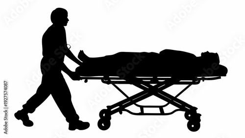 Paramedic moving patient on stretcher in emergency situation