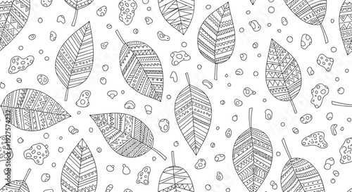 Abstract pattern of leaves decorated with geometric patterns and dots in black and white provides a unique and modern texture.