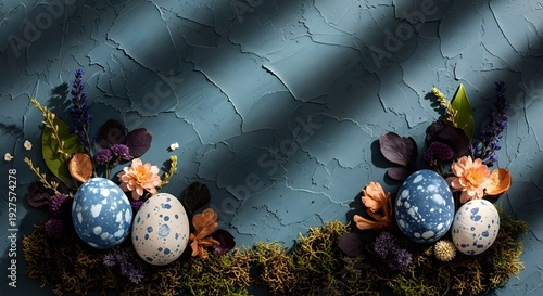 A still life arrangement features speckled blue easter eggs nestled amongst dried flowers leaves and vibrant green moss high quality professional