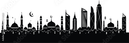 Black silhouette of a middle eastern city skyline with mosques and skyscrapers