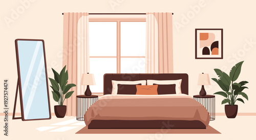 Modern bedroom interior with a large comfortable bed, plants, and a full-length mirror creates a stylish and cozy space.