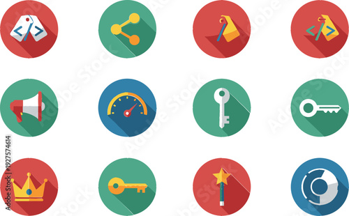 Colorful Icon Set Representing Technology, Security, and Achievement for Digital Platforms