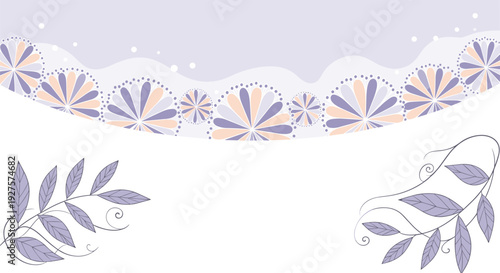 Soft purple floral border featuring circular flower motifs and delicate leafy branches against a clean white and pastel lilac background design.