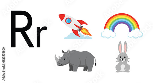 Educational illustration for the letter R featuring a colorful rocket rainbow rhinoceros and a cute rabbit to help children learn the alphabet.