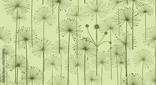 Seamless pattern of delicate dandelion seed heads in soft olive green tones creating a tranquil and natural botanical wallpaper for interiors.