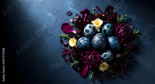 A dramatic dark still life featuring speckled blue and purple easter eggs nestled amongst vibrant flowers and petals high quality professional