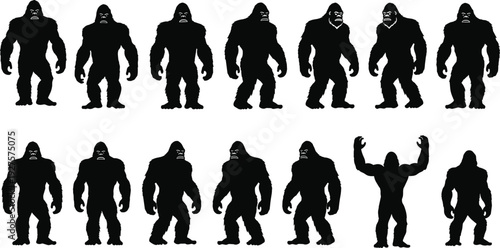 Black bigfoot silhouette vector set, sasquatch and gorilla primate collection, mythical creature and ape isolated on white background for wilderness design,