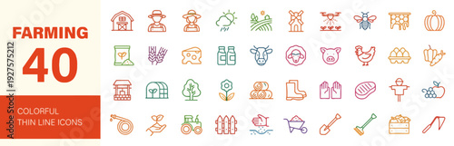 Farming icons collection featuring agriculture symbols and farm equipment in various colors