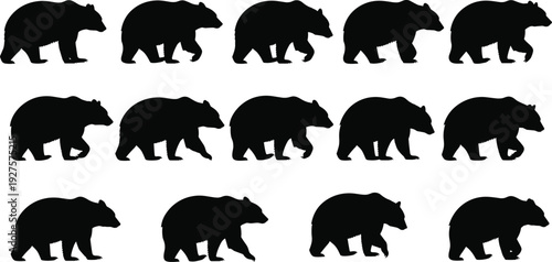 Black bigfoot silhouette vector set, sasquatch and yeti mythical creature collection, legendary forest monster 