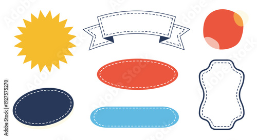 Set of blank colorful vintage labels badges and banners with stitched details in classic shades of blue red yellow and orange on a white base.