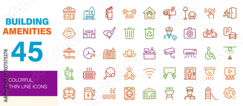 Collection of colorful thin line icons representing various building amenities displayed on a clean background