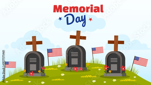 Three cross headstones with american flags on green hill for memorial day