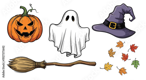 Hand drawn Halloween icon set featuring an orange jack-o-lantern ghost purple witch hat wooden broomstick and colorful autumn maple leaves.