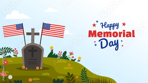 Happy memorial day greeting with single cross grave on a flowery hill