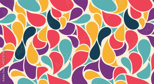 Seamless colorful abstract teardrop pattern with vibrant shades of red, blue, orange, and purple on a neutral background.