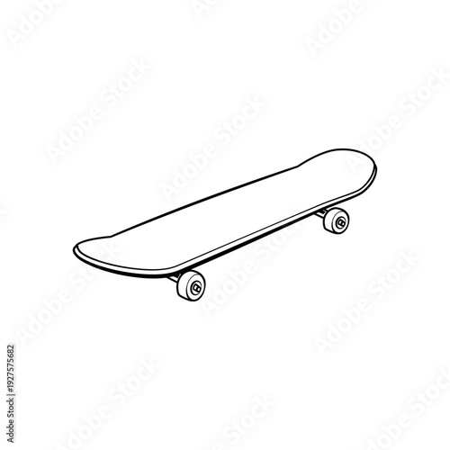 Vector outline of a blank skateboard from an angled perspective. Black and white line art. Perfect for streetwear branding, skate shop logos, and deck design mockups.