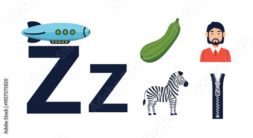 Educational illustration featuring the letter Z with related objects including a zebra, zucchini, zeppelin, zipper, and a man.