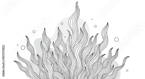 Intricate hand drawn black and white illustration of flowing organic shapes resembling seaweed or flames on a light background.