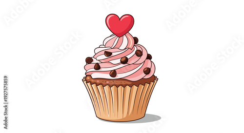 Delicious chocolate cupcake with pink swirled frosting decorated with chocolate chips and a bright red heart topper on top.