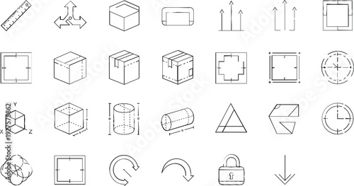 Geometric and 3D Shape Icons Set Representing Mathematical and Technical Concepts for Digital Design