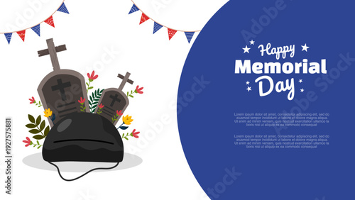 Memorial day concept with military helmet and cross graves in blue circle