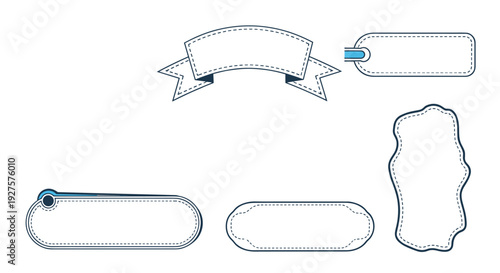 Set of blank decorative labels, banners, and ribbons with dashed borders for text placement on a clean white background.