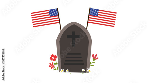 Minimalist memorial day card with single tombstone and two american flags